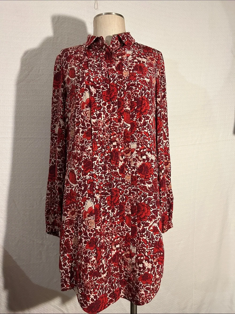 Tory Burch Red Floral Long-Sleeve Shirt Dress